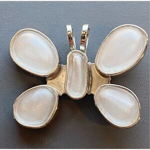 Rebecca Collins Butterfly Scarf Clip w Loop for Pendant milky white silver tone